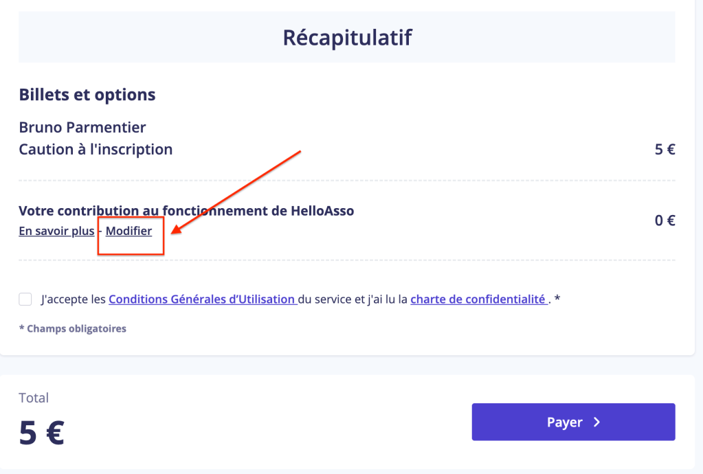 Capture d'écran d'une récapitulation de commande avec les détails d'un billet et une option de contribution, montrant un montant total de 5 € et un bouton 'Modifier'.