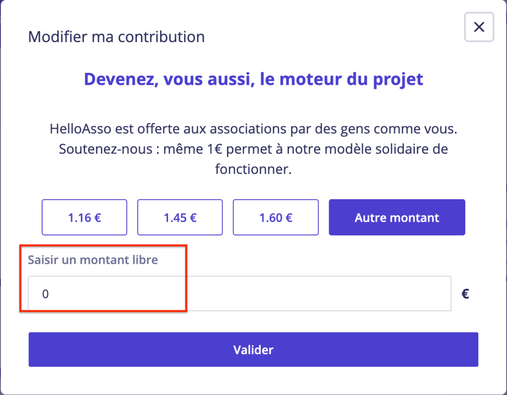Interface de contribution sur HelloAsso, permettant de saisir un montant libre pour soutenir des associations.