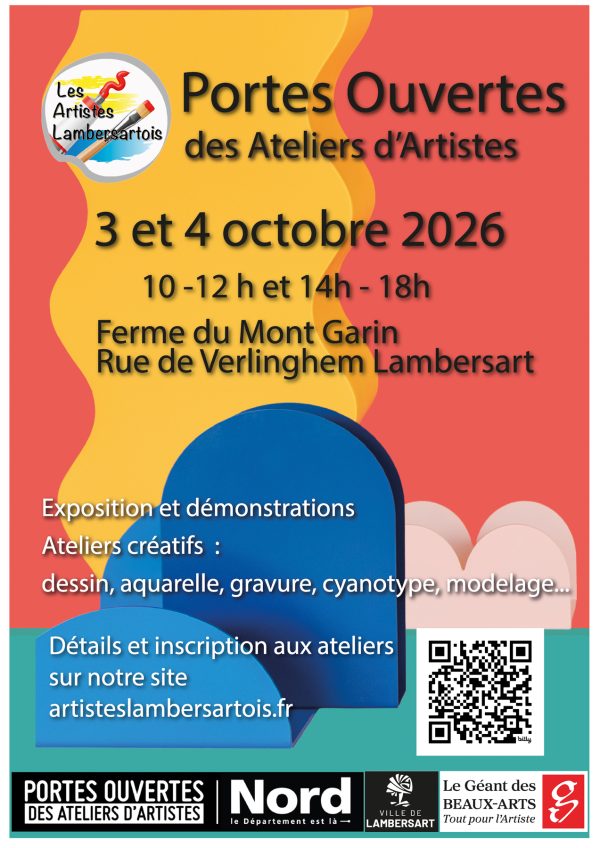 Affiche pour les Portes Ouvertes des Ateliers d'Artistes à Lambersart, indiquant les dates, horaires, et emplacement de l'événement, ainsi que des informations sur les expositions et ateliers créatifs.