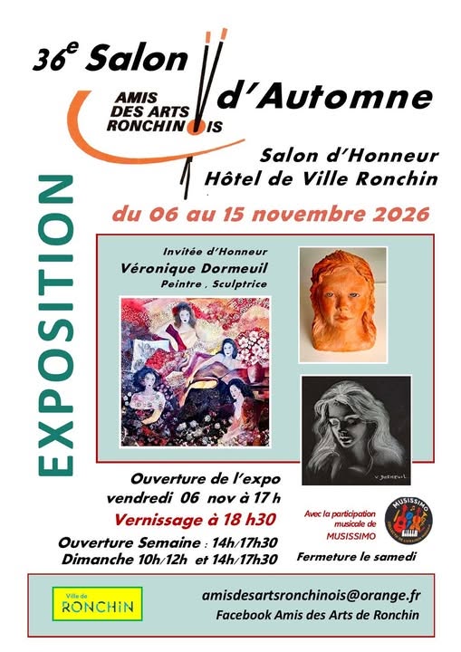 Affiche de l'exposition '36e Salon d'Automne' à Ronchin, présentant des dates, un invité d'honneur, Véronique Dormeuil, et des détails sur l'ouverture et le vernissage.
